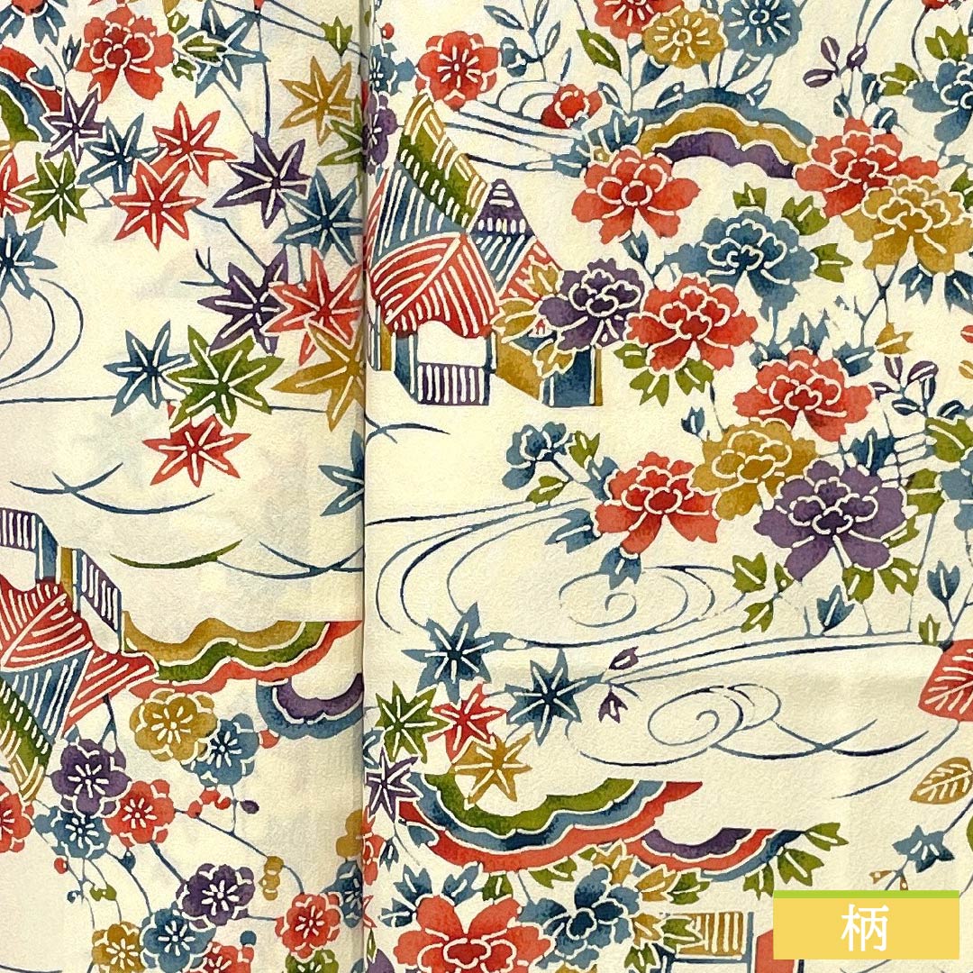 Komon, pure silk, length 158.5cm, sleeve length 64cm, lined, Neriiro (Neri-iro), stencil dyeing, Bingata style, Chayatsuji, A rank, cream color, 1115005103315