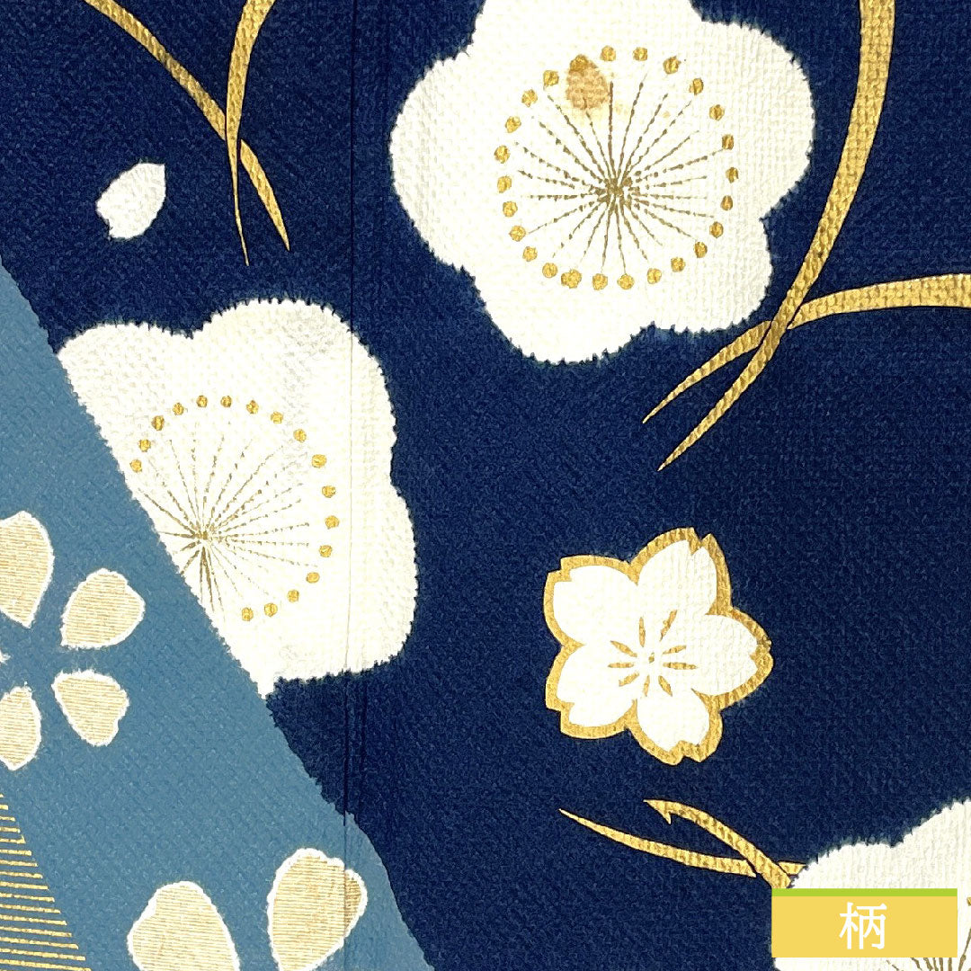 Homongi, pure silk, lined, length 162.5cm, sleeve length 62cm, navy blue, plum, cherry blossom, B rank, navy blue, 1112005634418