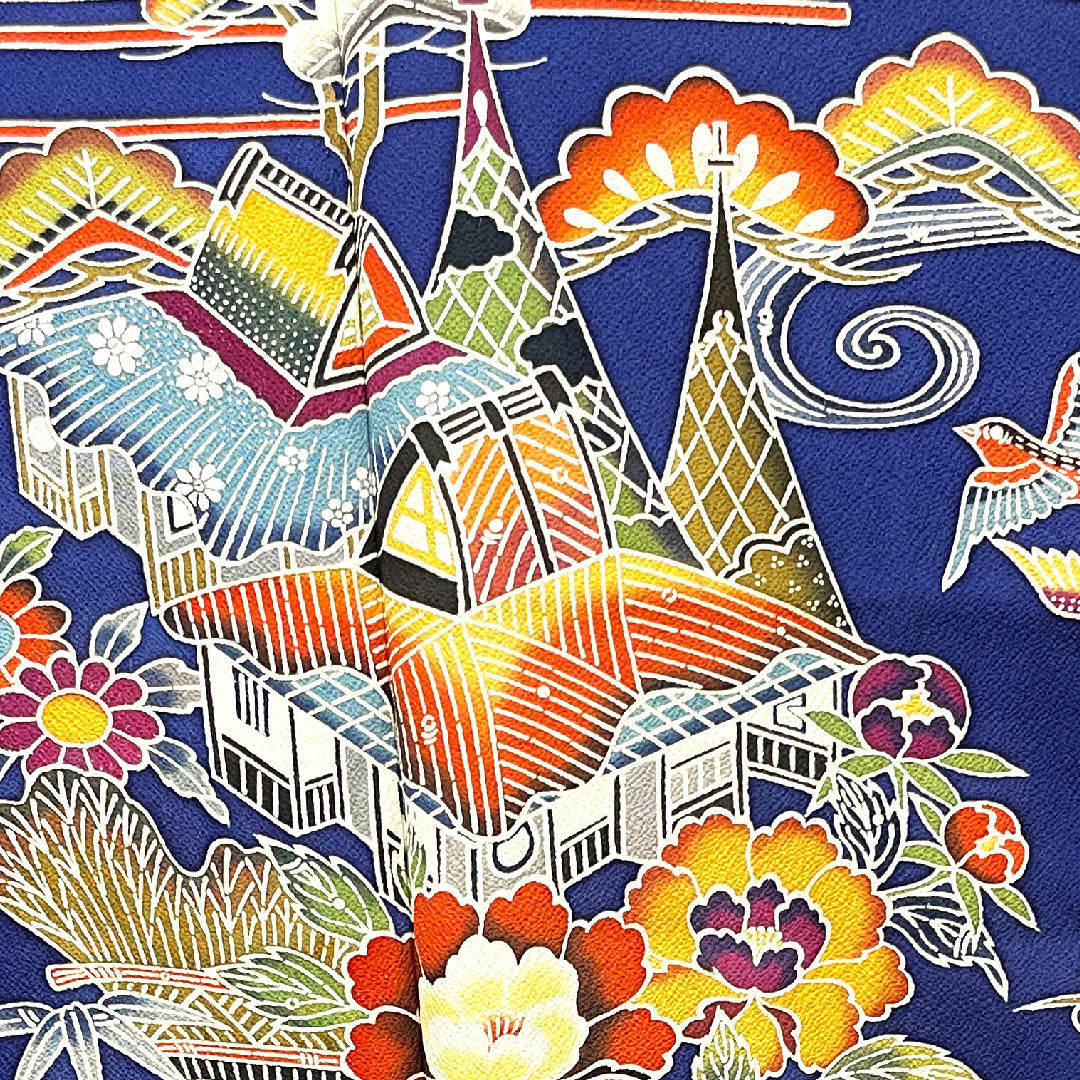振袖 身丈167.5cm 裄丈68cm 袷  瑠璃色 京紅型 吉祥文様  正絹 Aランク 紺系 1113001773518