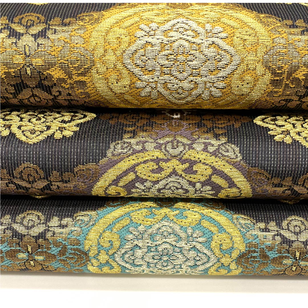 袋帯 鶴の黒羽色（つるのくろばいろ） 宝相華 羅天金名物裂 帯丈444cm 正絹 Sランク 六通 フォーマル グレー系 1123003102322