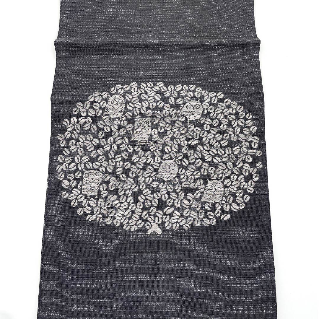 Reversible Fukurokuju Obi (Sekiban-iro) Silk Obi by Hondaya Genbei, featuring an owl and floral motif. Length: 454cm. S-Rank. Casual, gray accents. Product code: 1123013212422