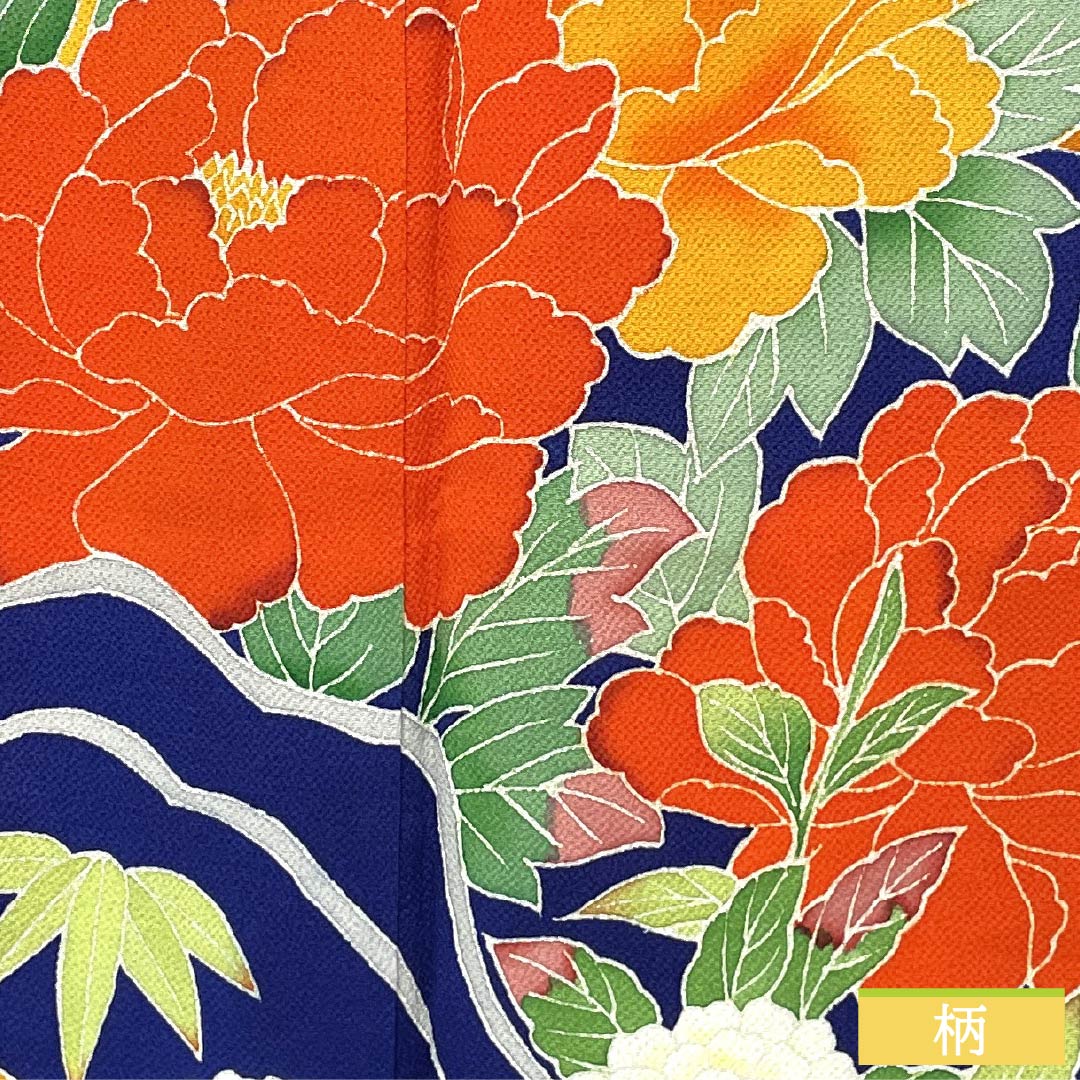 Furisode (long-sleeved kimono) made of pure silk, grade A, length 153cm, sleeve length 60.5cm, lined, stencil-dyed, featuring auspicious plum and chrysanthemum motifs on crepe fabric with layered collar, blue, product number 1113002233217