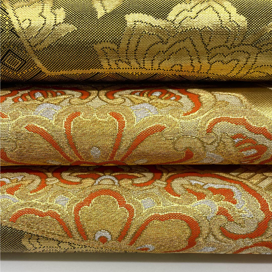 Fukuro-obi (sash), gold, pure gold leaf, full-length, ground paper, Shukko flower pattern, fan-shaped, obi length 438cm, pure silk, A rank, full-length, formal, gold-based, 1123006633321