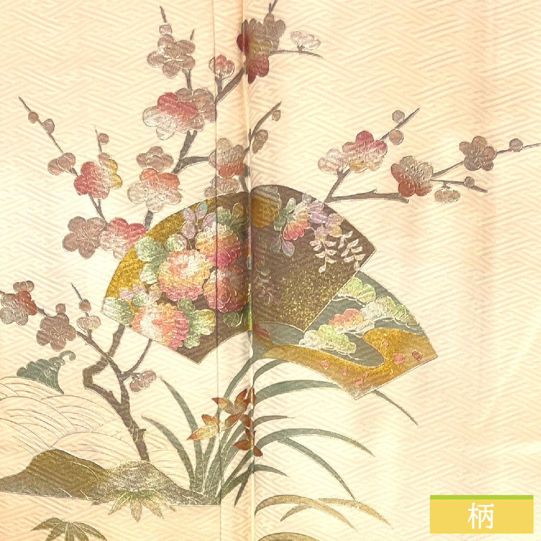 Homongi, pure silk, lined, length 164.5cm, sleeve length 65.5cm, maiden color, Kyoto Yuzen, gold leaf finish, floral pattern, pearl tone finish, S rank, pink, 1112004402413