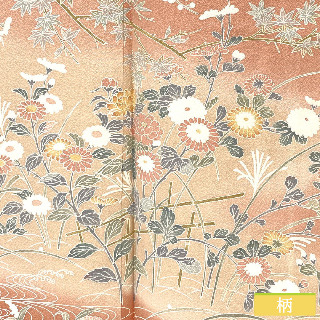 Homongi, pure silk, lined, length 162cm, sleeve length 64cm, Shinonome-iro, Kyoto Yuzen, floral pattern, with basting thread, S rank, pink, 1112005692413