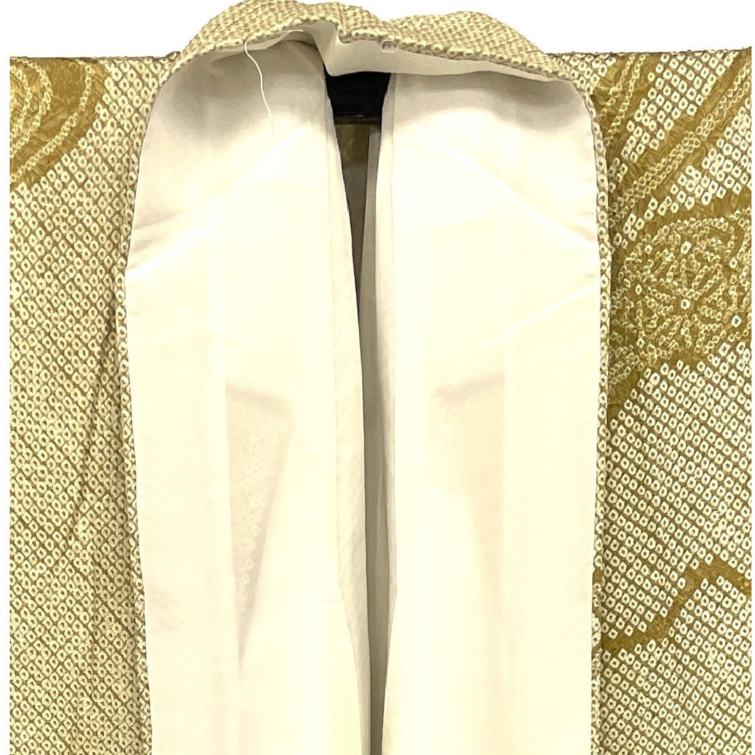 Homongi, lined, length 167cm, sleeve length 69cm, all-over tie-dye, embroidery, auspicious motif, pure silk, S rank, yellow, 1112000562523