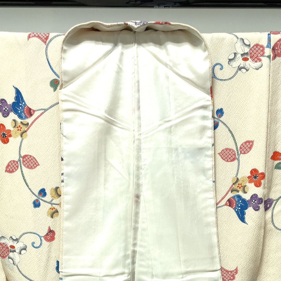 小紋 身丈161cm 裄丈64cm 袷  練色 草花模様  正絹 Aランク クリーム系 1115003123415