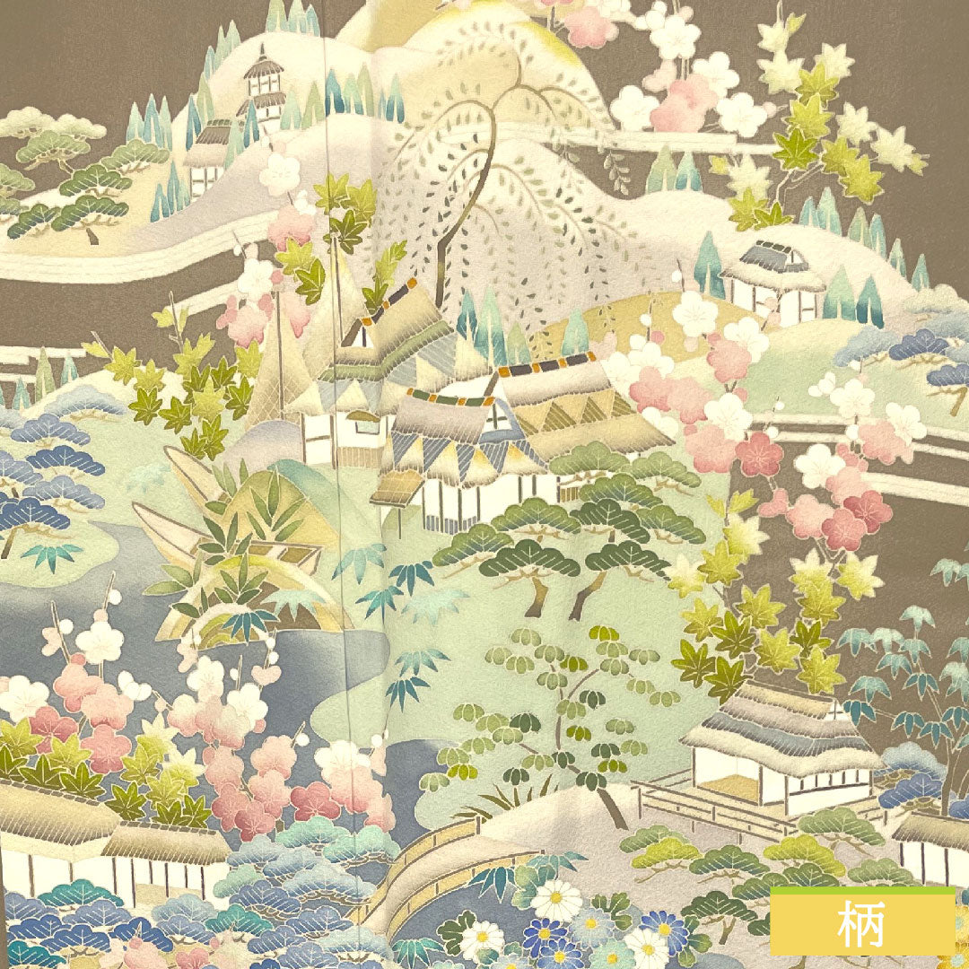 色留袖 正絹 身丈161cm 裄丈66cm 袷 壁鼠色（かべねずいろ） 京加賀友禅 比翼仕立て 風景模様 三つ紋 蔦 Aランク 茶系 1111001403414