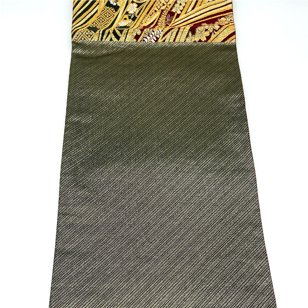 袋帯 振袖用 熨斗 花鳥模様 帯丈432cm 正絹 Sランク 六通 フォーマル 金系 1123003722321