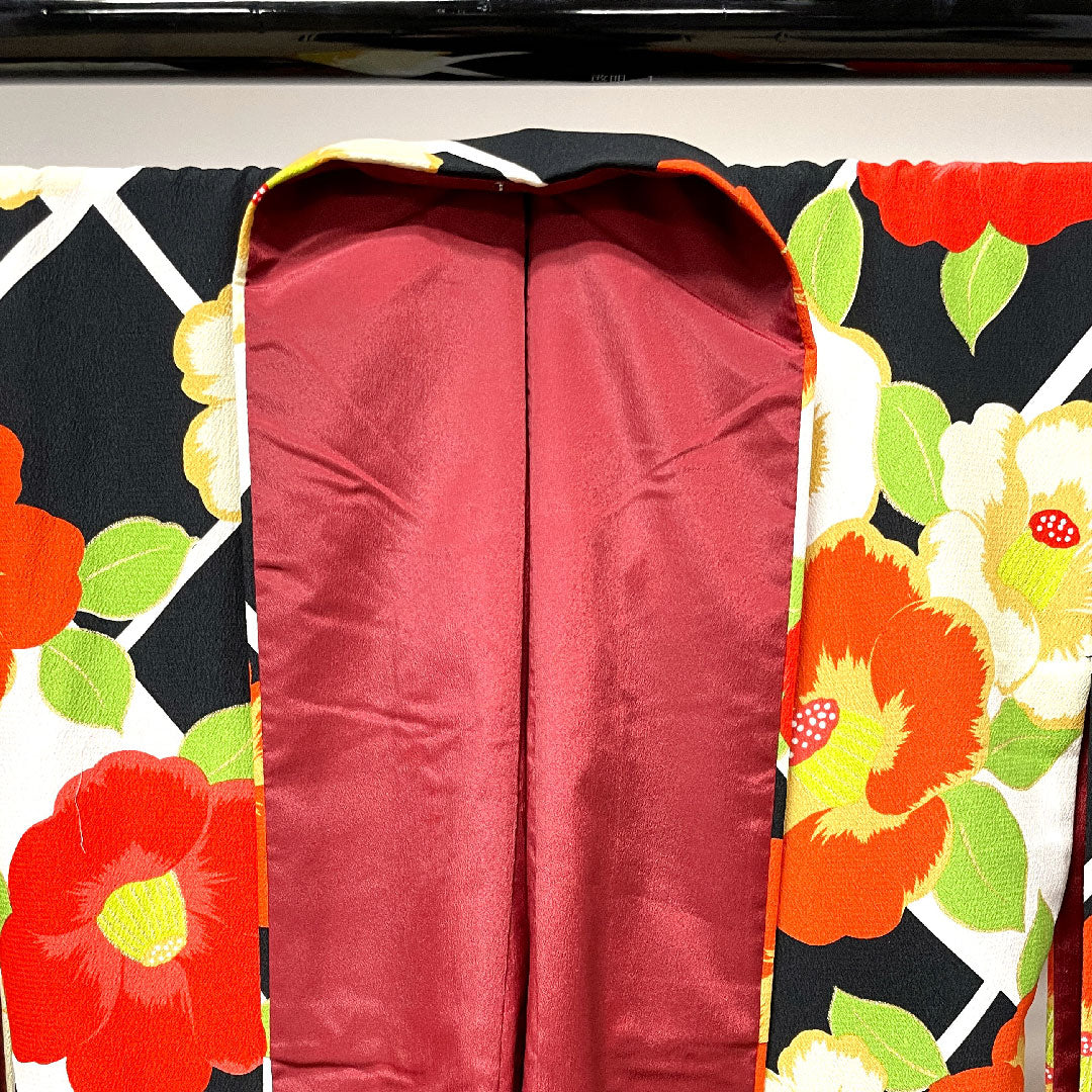Long-sleeved kimono, length 168cm, sleeve length 68cm, lined, monotone, washable kimono, camellia, poly, S rank, black, 1113001392510