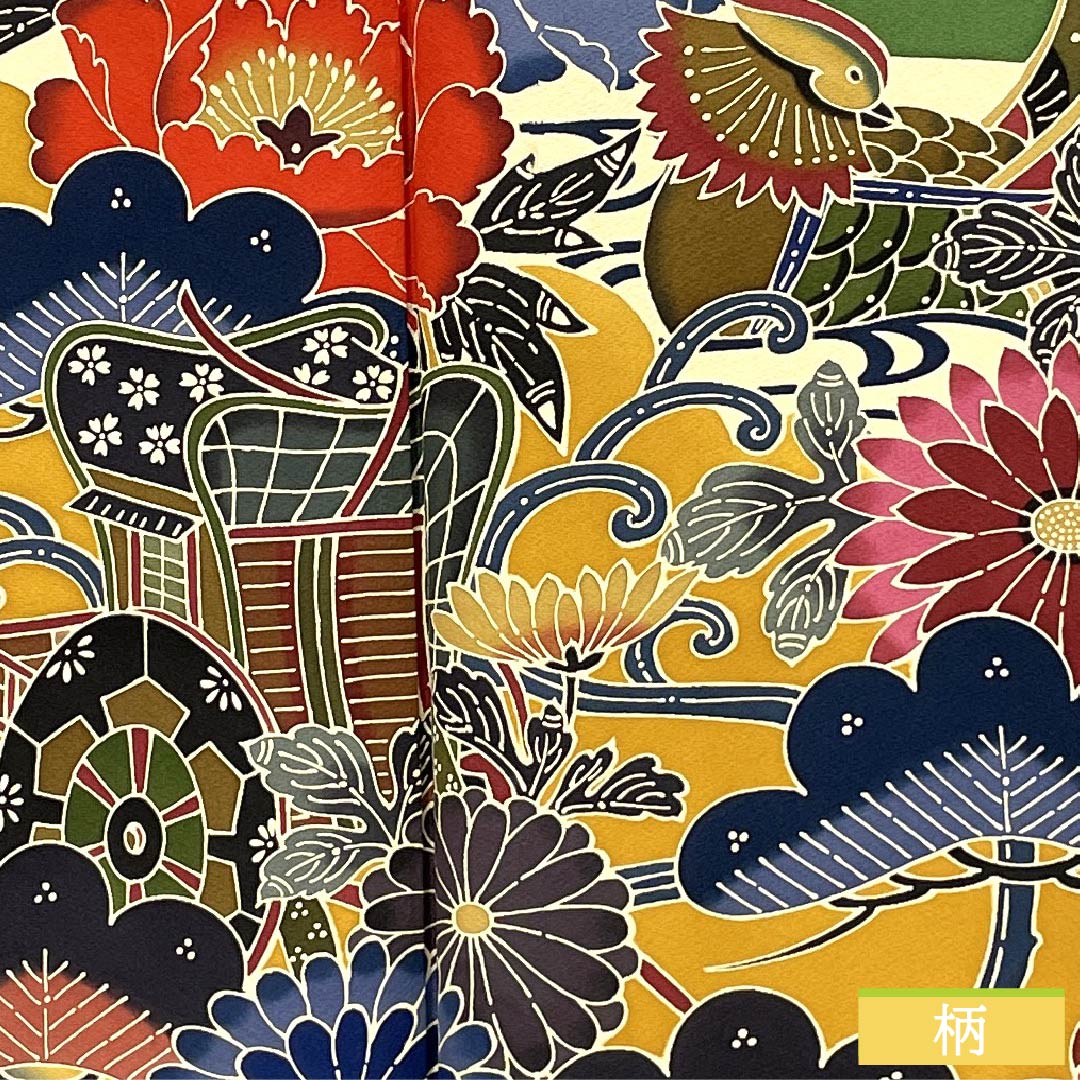 振袖 正絹 Aランク 身丈164.5cm 裄丈69cm 袷 松葉色（まつばいろ） 京紅型 吉祥文様 牡丹 菊 松 緑系 1113002363419