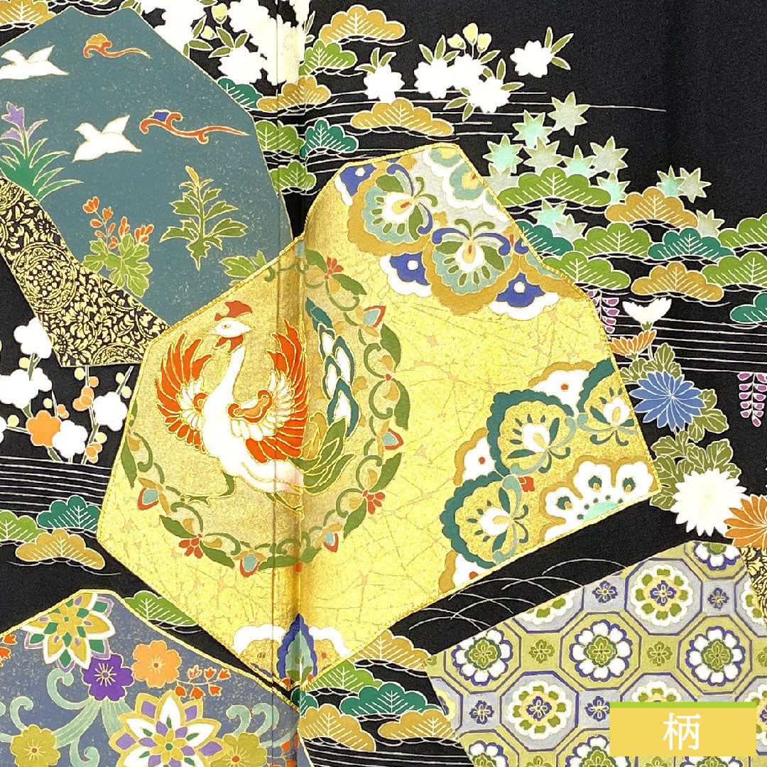 黒留袖 正絹 身丈162cm 裄丈68cm 袷 京友禅 割付文様 鳳凰 五つ紋 五三桐 Aランク 黒系 1111001733410