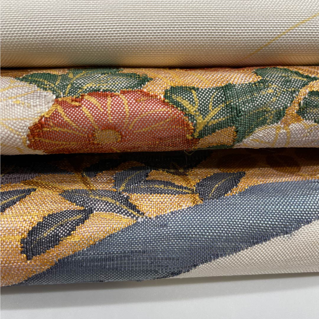 Fukuro Obi (sash) in off-white (kinari-iro) with fan-shaped floral pattern, obi length 436cm, pure silk, A-rank, point pattern, casual, cream-colored, 1123005803315