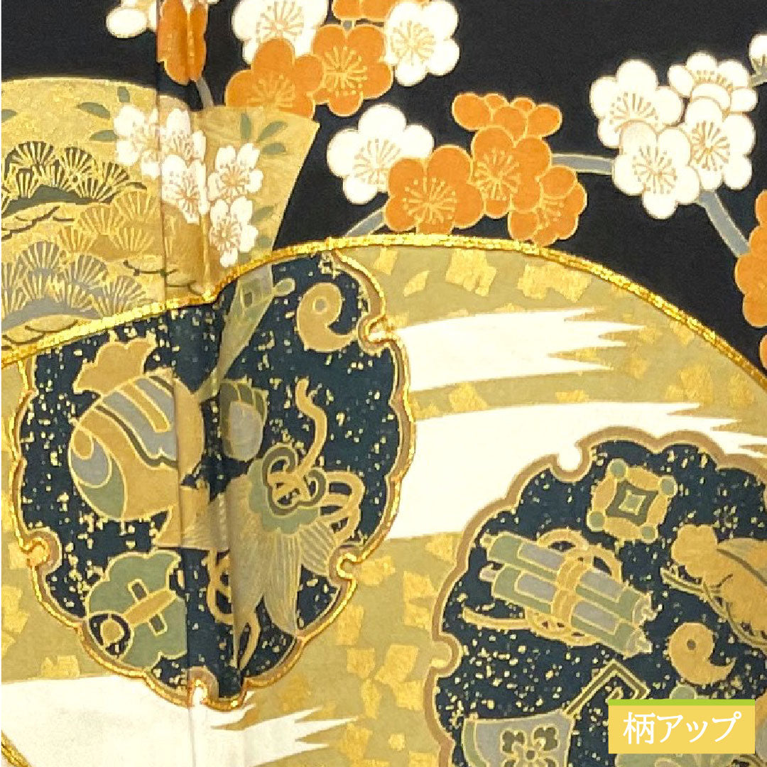 Black formal kimono, pure silk, length 161cm, sleeve length 67cm, lined, Kyoto Yuzen, auspicious pattern, five crests, S rank, five crests, black, 1111001272410