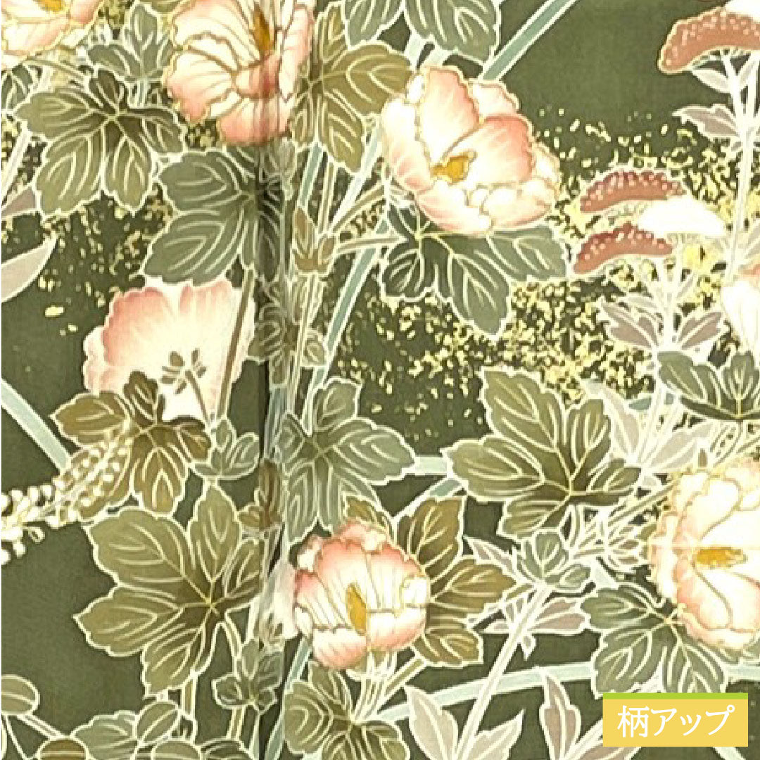訪問着 正絹 袷 身丈164.5cm 裄丈65.5cm 山鳩色（やまばといろ） 京友禅 草花模様 Sランク 緑系 1112004722419