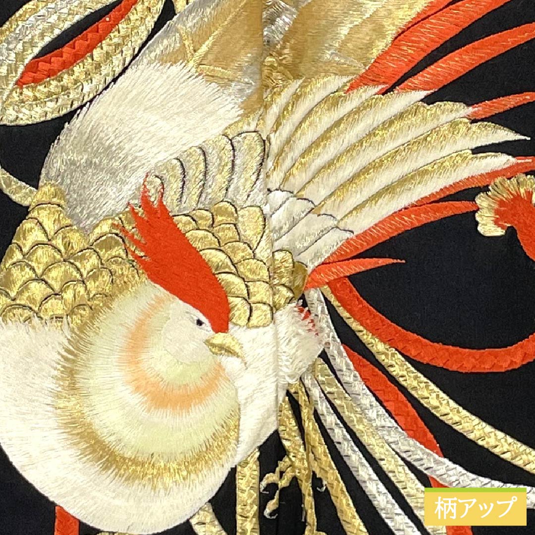 Black Tomesode (Japanese Kimono) - Pure Silk, Grade A, Length 161.5cm, Sleeve Length 64cm, Lined, Five Crests, Swallowtail Butterfly Embroidery, Bird Design, Braided Cord, Black, Item Number 1111001813410