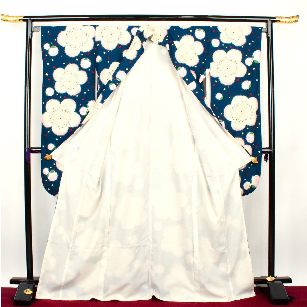 振袖 身丈170cm 裄丈67cm 袷  濃藍色 洗える着物 桜  ポリ Sランク 紺系 1113000992618