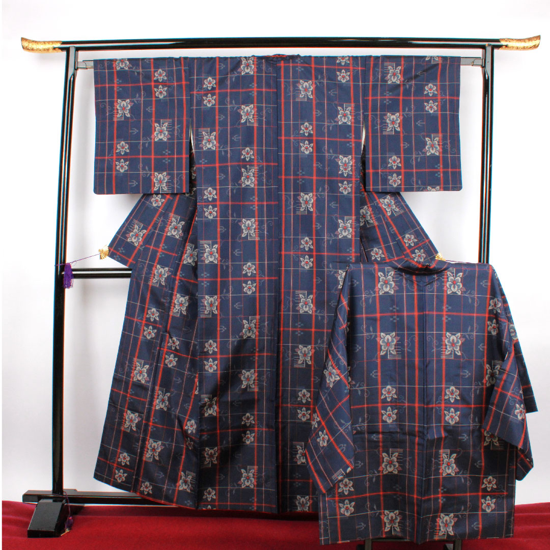 Murayama Oshima Length 160cm Sleeve length 64.5cm Ensemble Lattice Flower pattern Pure silk S rank Awase Navy 1116001932418