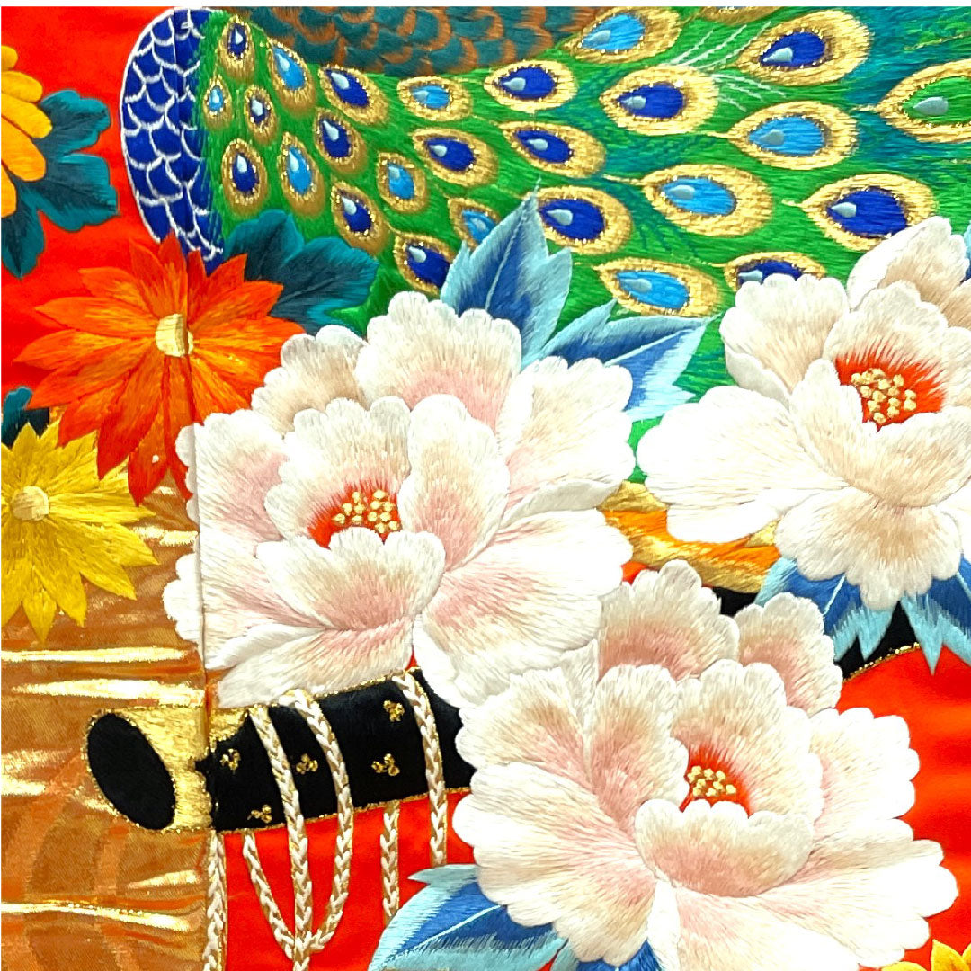 色打掛 身丈194cm  銀朱色 刺繡 孔雀 花車 正絹 Sランク 袷 朱系 1110000252916