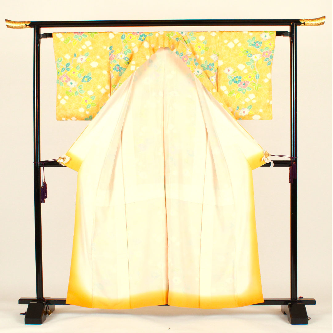 Komon, Length 159cm, Sleeve length 63cm, Awase, Shibori, Floral pattern, Pure silk, B rank, Yellow, 1115001924323