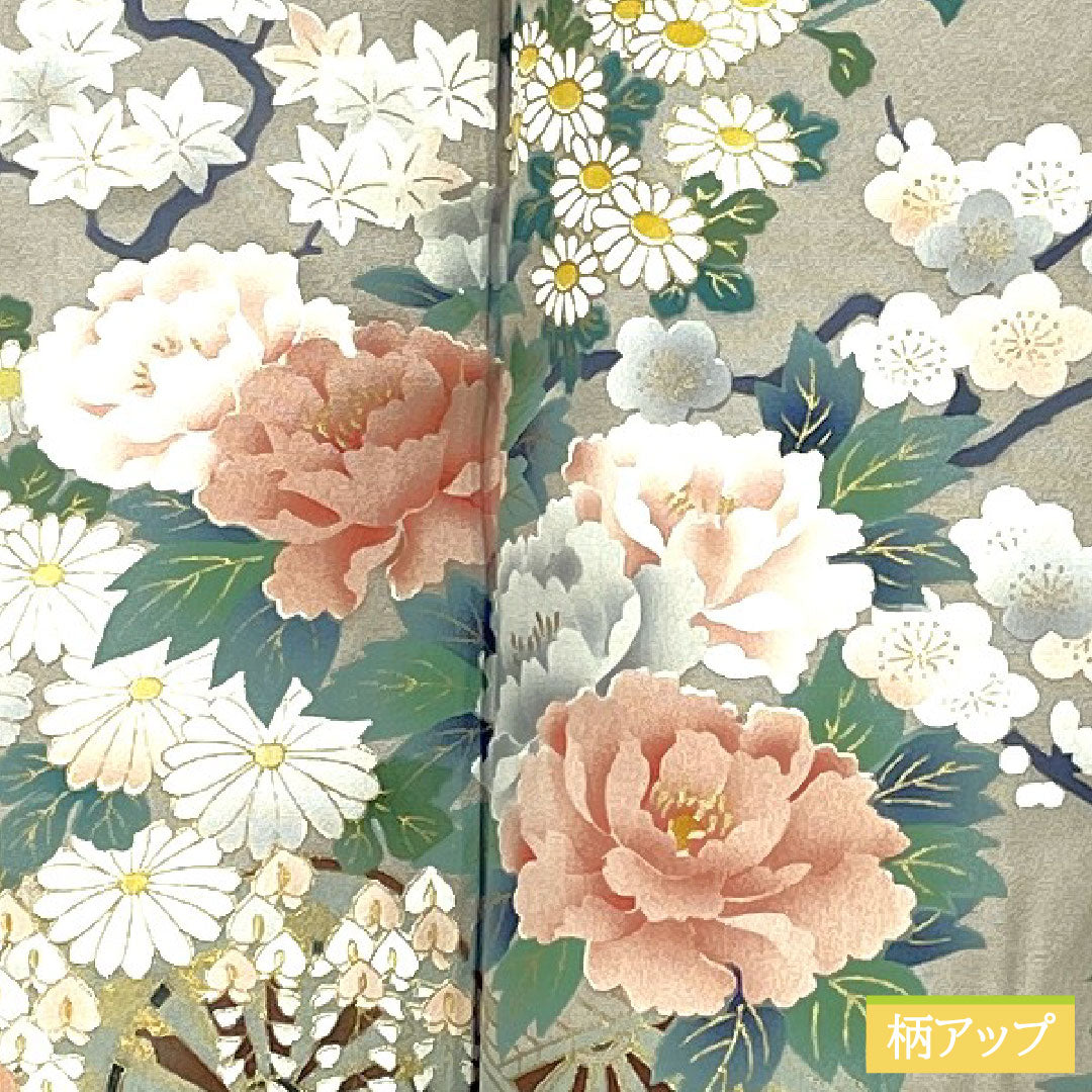 訪問着 正絹 袷 身丈165cm 裄丈66.5cm 小町鼠色（こまちねずいろ） 京友禅 花車 古典柄 しつけ糸付き 未使用品 Sランク グレー系 1112005832522