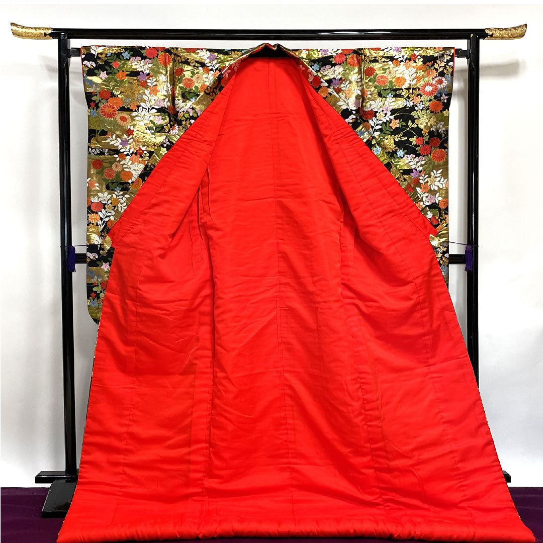 Irodourikake (colored kimono) Length 191cm Karaori (Japanese-style weave) Floral pattern Pure silk S rank Awase Black 1110000162910