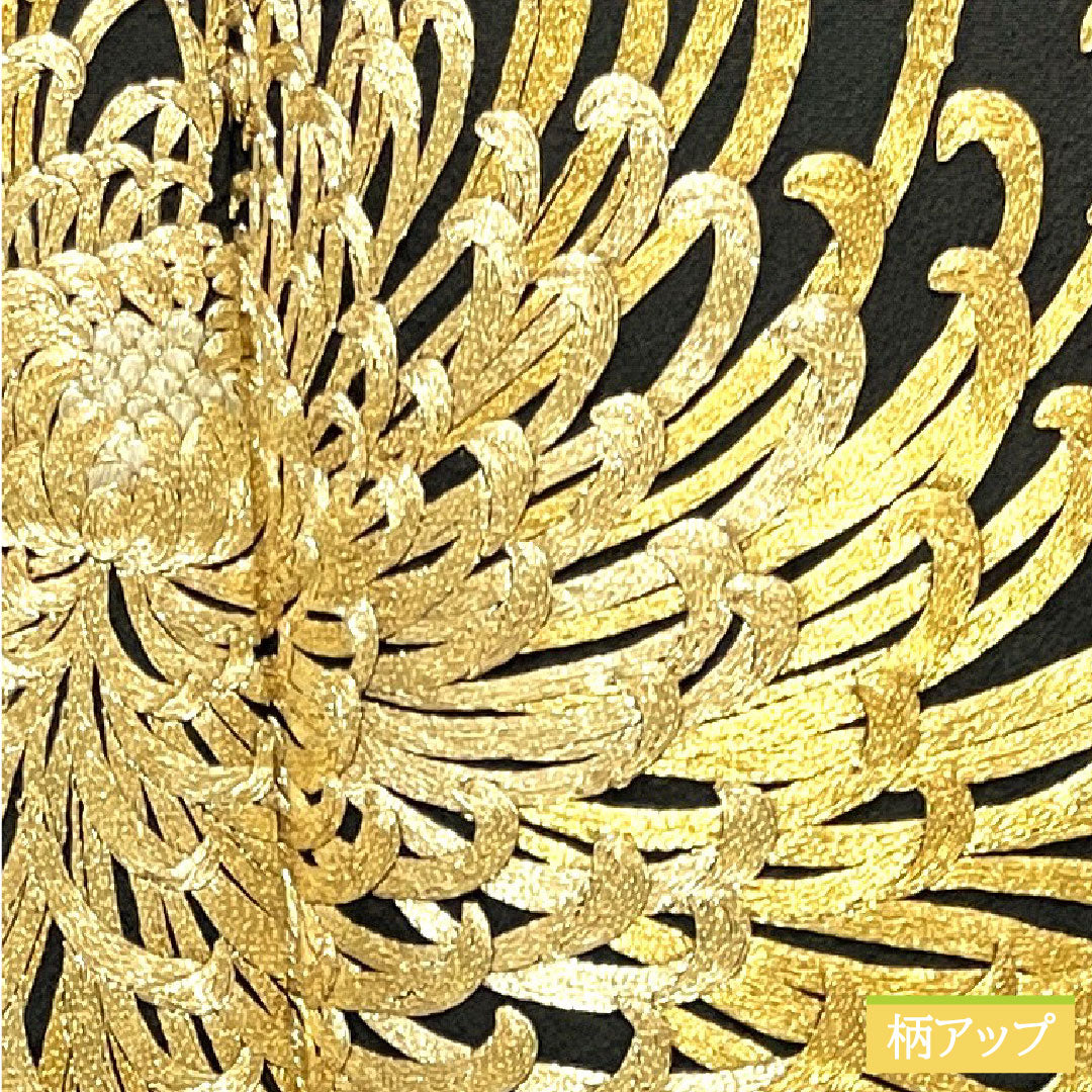 黒留袖 正絹 身丈163.5cm 裄丈66cm 袷  金駒刺繡 菊 揚羽蝶 五つ紋 Bランク 五つ紋 黒系 1111001194410