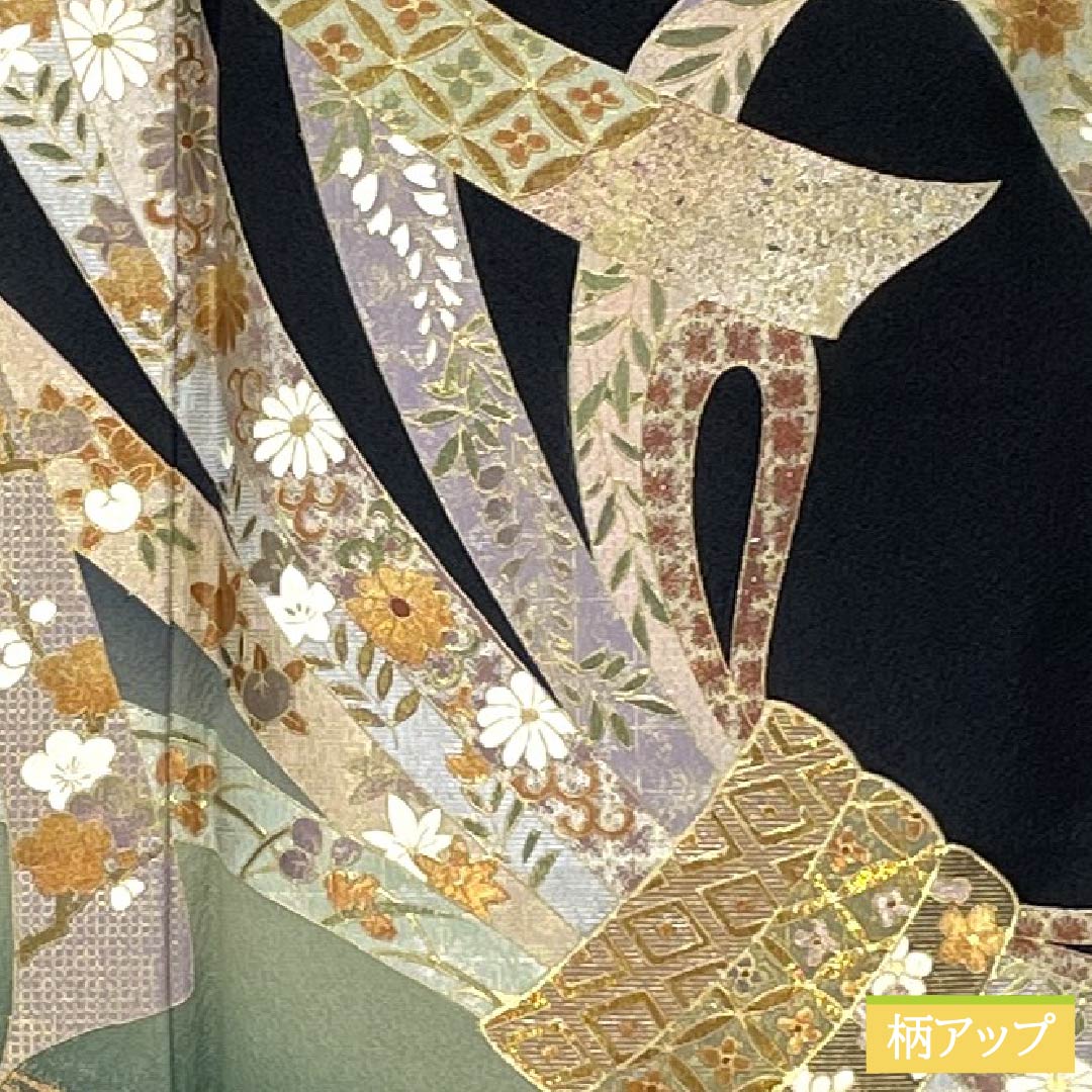 黒留袖 正絹 Aランク 身丈158.5cm 裄丈64cm 袷 金彩 五つ紋 上り藤 束ね熨斗 五つ紋 黒系 1111002043310