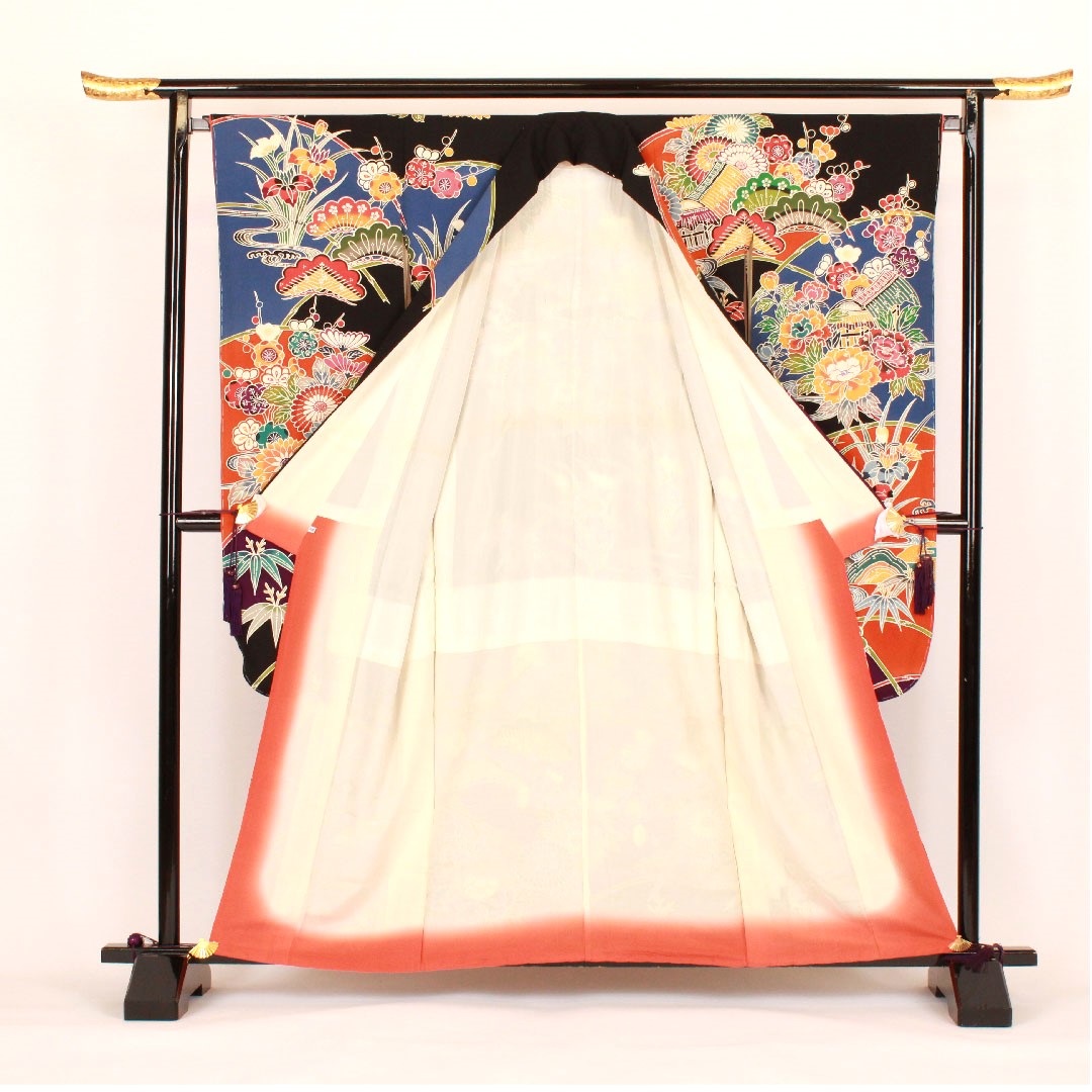 振袖 身丈160cm 裄丈68cm 袷  京紅型 松竹梅  正絹 Aランク 黒系 1113000363410