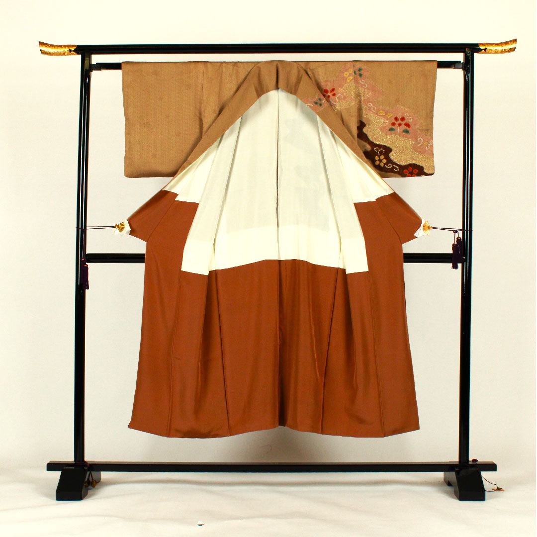 Homongi, lined, length 145.5cm, sleeve length 60cm, Sayagata, flowing water, tie-dye, pure silk, S rank, brown, 1112000302114
