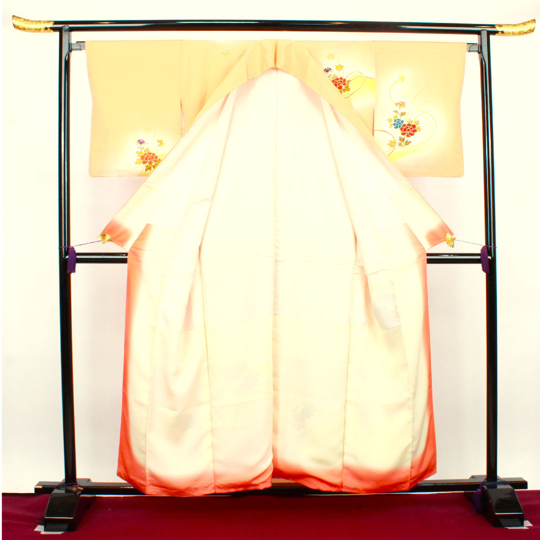 訪問着 袷 身丈152.5cm 裄丈64cm 朱華色 京友禅 花車 正絹 Sランク 朱系 1112002312216