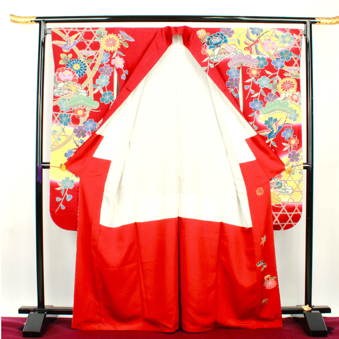 振袖 身丈168cm 裄丈68.5cm 袷  生臙脂色 京紅型 作家物  正絹 Sランク 赤系 1113001222512