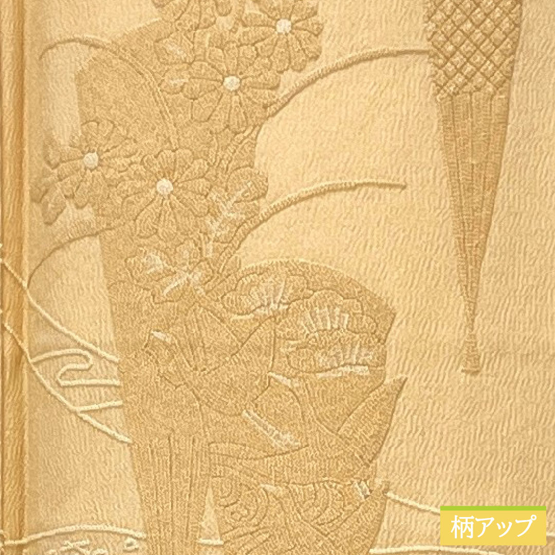 訪問着 正絹 袷 身丈161.5cm 裄丈66.5cm 肌色（はだいろ） 相良刺繡 扇子 鶴 一つ紋 上り藤に大の字 Aランク 橙系 1112005563426