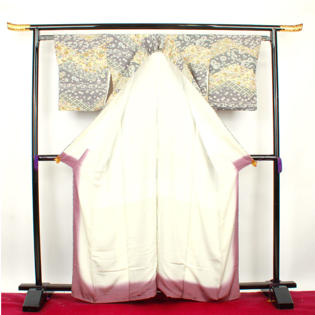 小紋 身丈160.5cm 裄丈62cm 袷 燻銀色 麴色 京紅型  正絹 Aランク グレー系 1115002453422