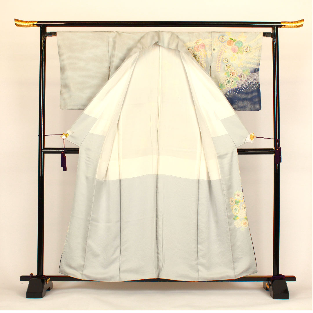 Homongi, lined, length 159cm, sleeve length 66cm, Tsujigahana, silver thread, artist's work, pure silk, S rank, gray, 1112000532322