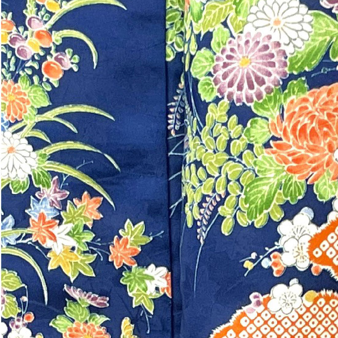 小紋 身丈160cm 裄丈65cm 袷  濃藍色 洗える着物 花車 草花模様  ポリ Sランク 紺系 1115003302418