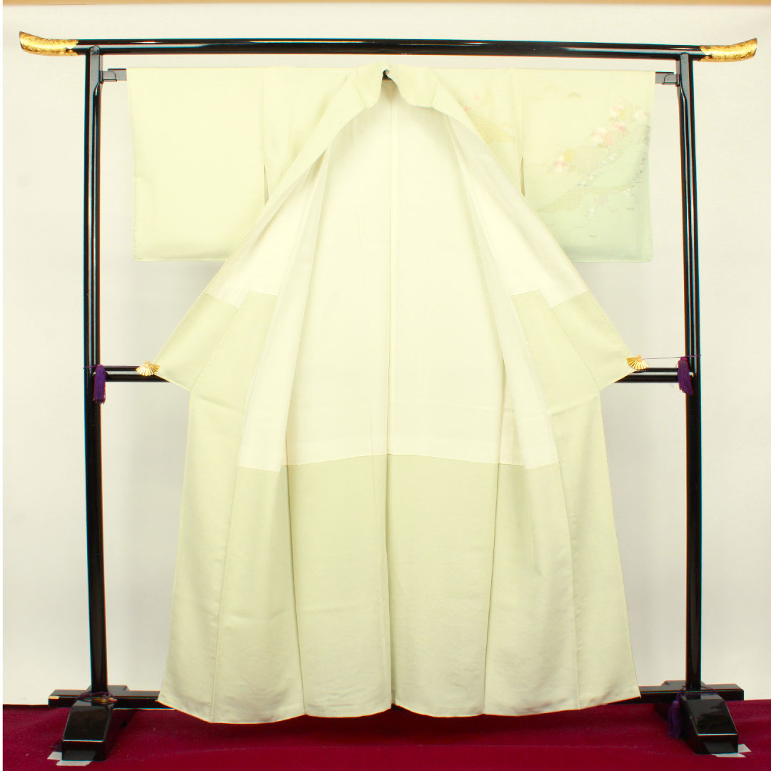 訪問着 袷 身丈159.5cm 裄丈65cm 翠山刺繡 利休白茶色 汕頭刺繡 蘇州刺繡 片喰 正絹 Sランク 緑系 1112002242319