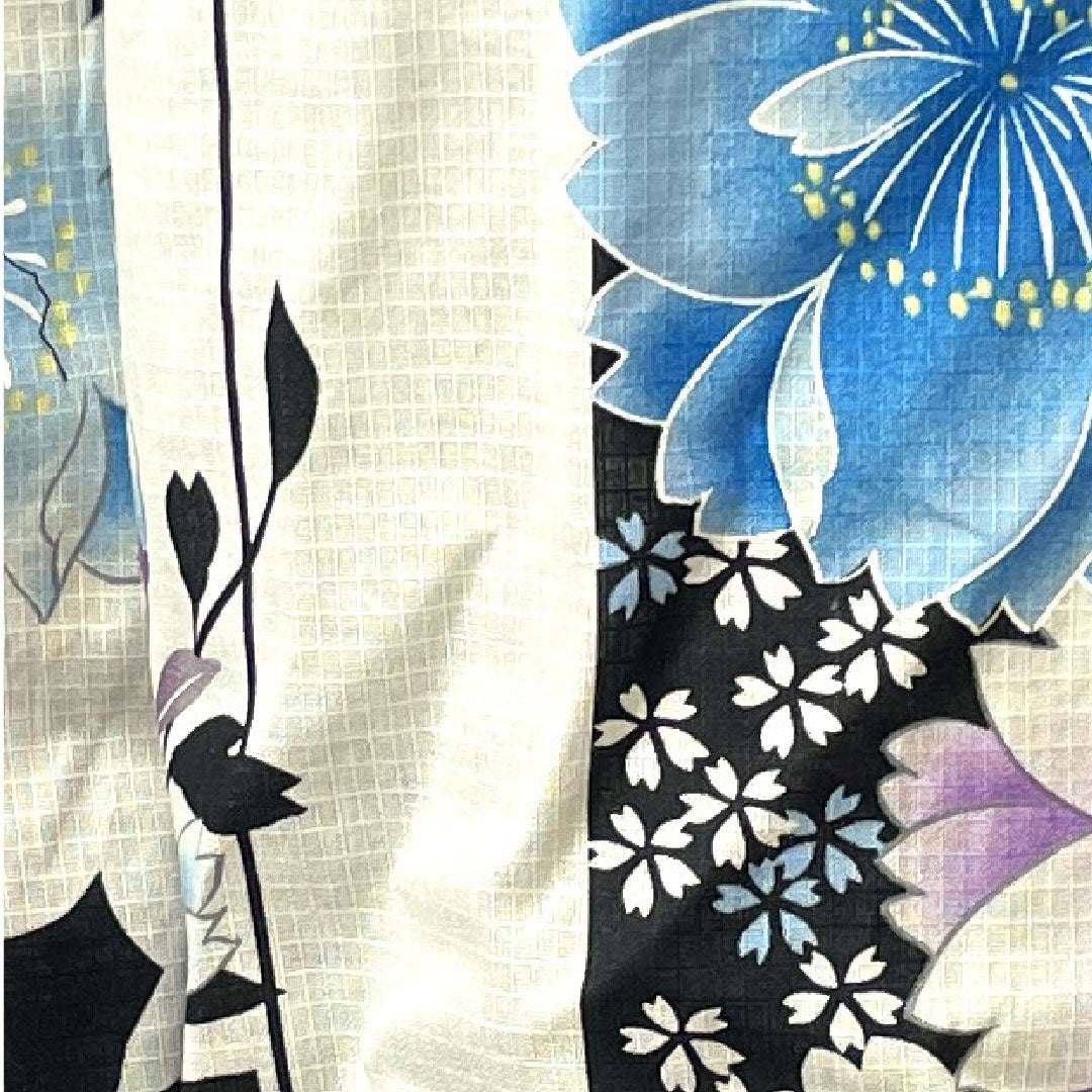 浴衣 モノトーン 桜 市松 木綿 Aランク 単衣 身丈163cm 裄丈65.5cm 白系 1118001633411