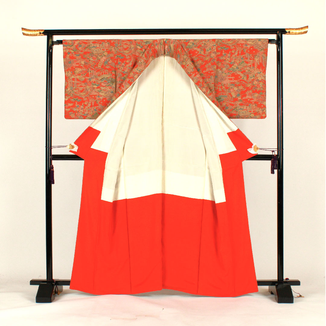 小紋 身丈163.5cm 裄丈67cm 袷  茶屋辻模様  正絹 Sランク 朱系 1115001642416