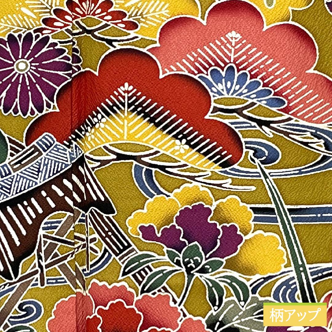 Furisode (long-sleeved kimono) made of pure silk, S-rank, length 166cm, sleeve length 67cm, lined, magnolia-colored, Kyoto Bingata (Kyoto Bingata) pattern with auspicious motifs of pine, iris, and orange tones, product number 1113002302526