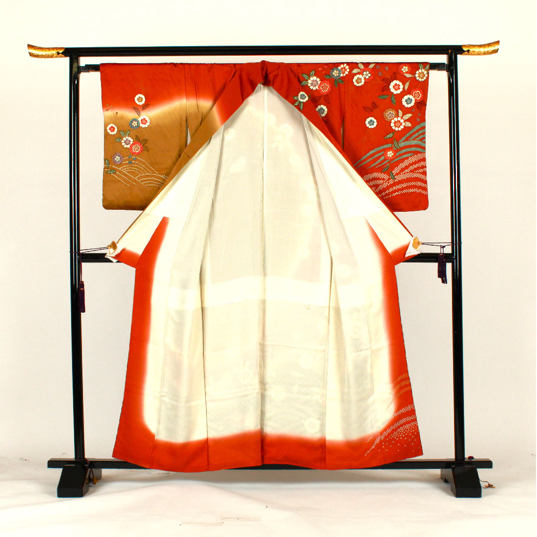 Homongi, lined, length 158cm, sleeve length 64cm, tie-dyed, floral pattern, pure silk, B rank, brown, 1112001044314