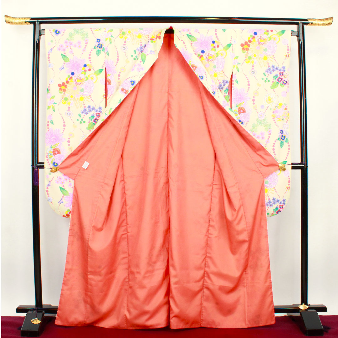 振袖 身丈166cm 裄丈68cm 袷  象牙色 洗える着物 花模様  ポリ Sランク クリーム系 1113001032515