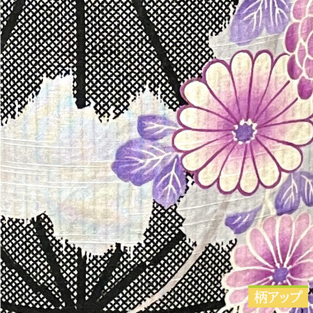 Yukata Cotton Length 160cm Sleeve length 64cm S rank Single layer Black Hemp leaf Chrysanthemum Cherry blossom 1118004532410