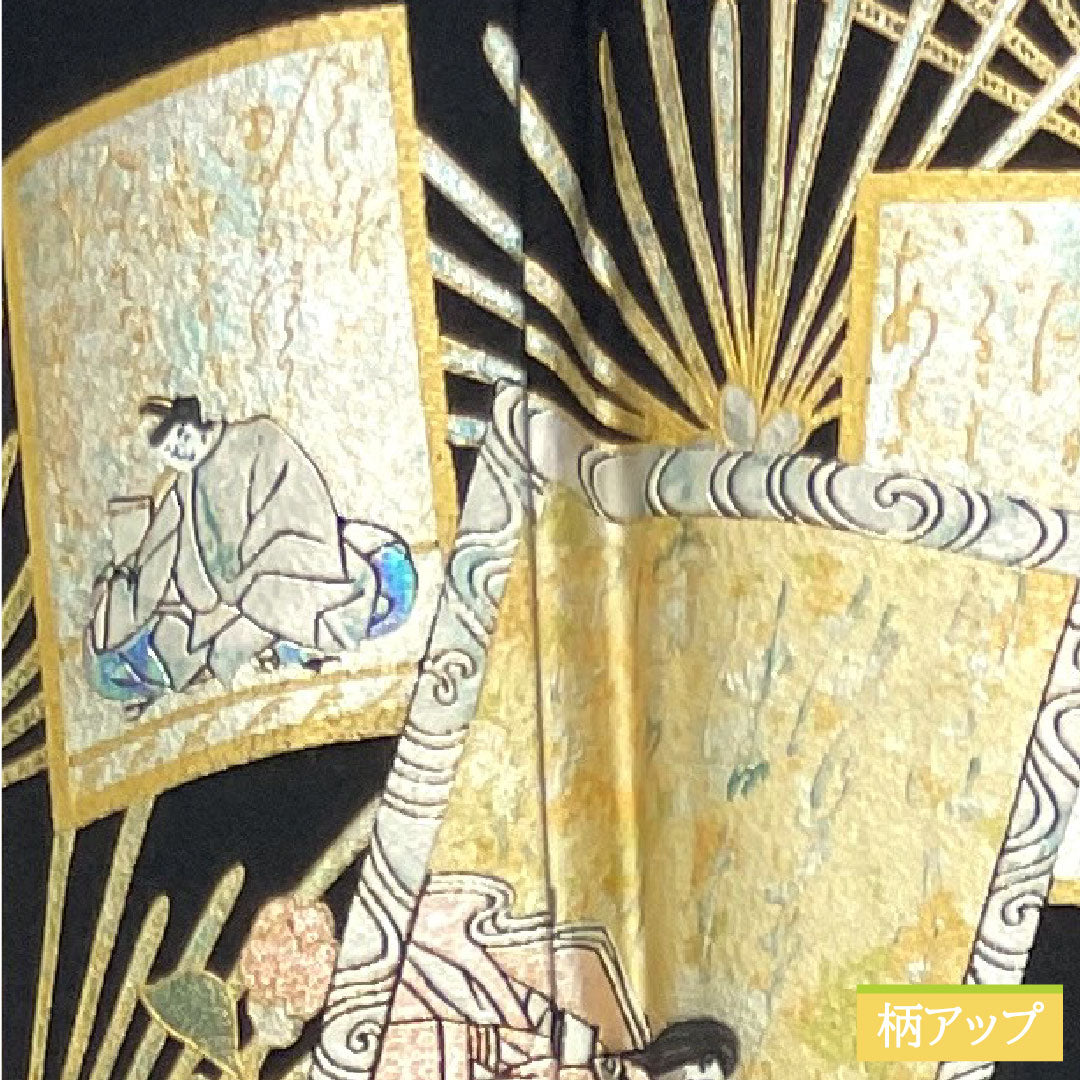 黒留袖 正絹 身丈155.5cm 裄丈65.5cm 袷 時代人物模様 流水 金彩加工 比翼仕立て 五つ紋 三ツ割片喰 Sランク 黒系 1111001382310