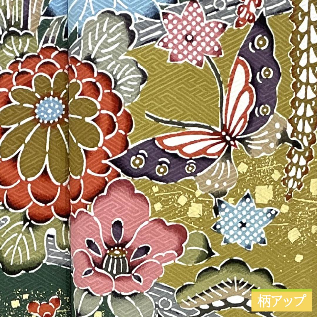 Furisode (long-sleeved kimono) made of pure silk, grade A, length 168cm, sleeve length 68cm, lined, rapeseed oil color (natane-aburairo), Kyoto Yuzen sash pattern, Keicho pattern, yellowish pongee fabric, product number 1113002523523