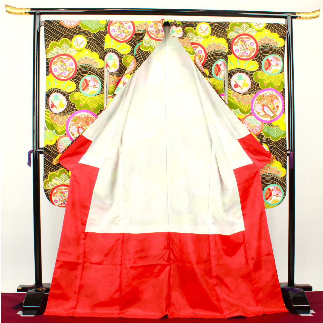振袖 身丈174.5cm 裄丈69cm 袷  洗える着物 松 打ち出の小槌  ポリ Sランク 黒系 1113001332610