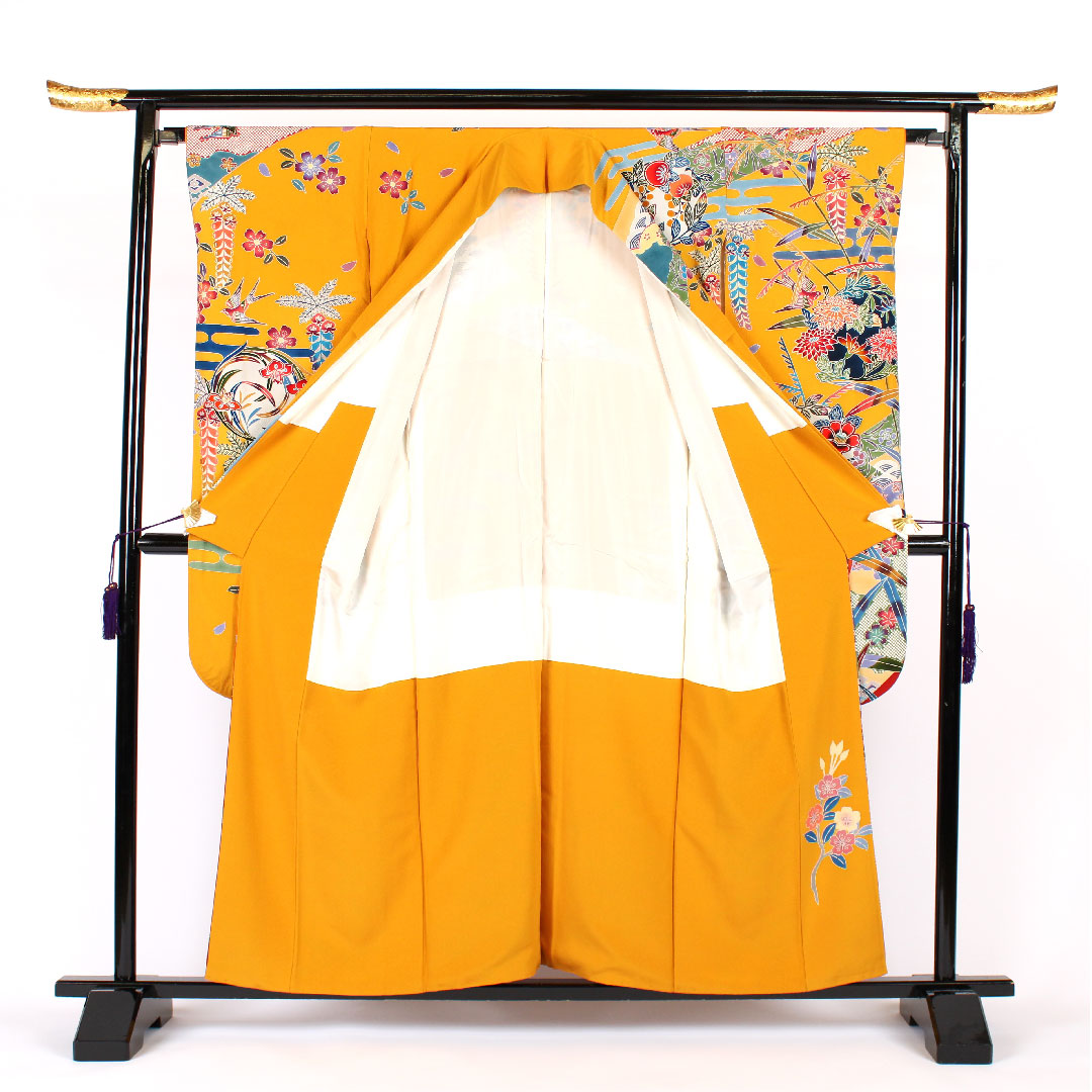 振袖 身丈157cm 裄丈65cm 袷  作家物 京紅型 櫨染色  正絹 Sランク 黄系 1113000032323