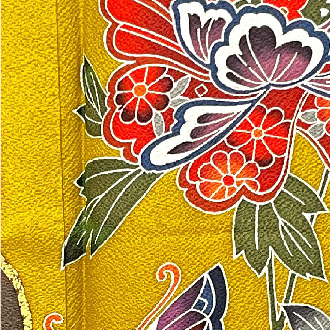 振袖 身丈164cm 裄丈66cm 袷  八丈色 京紅型 蝶 草花模様  正絹 Sランク 黄系 1113001742423