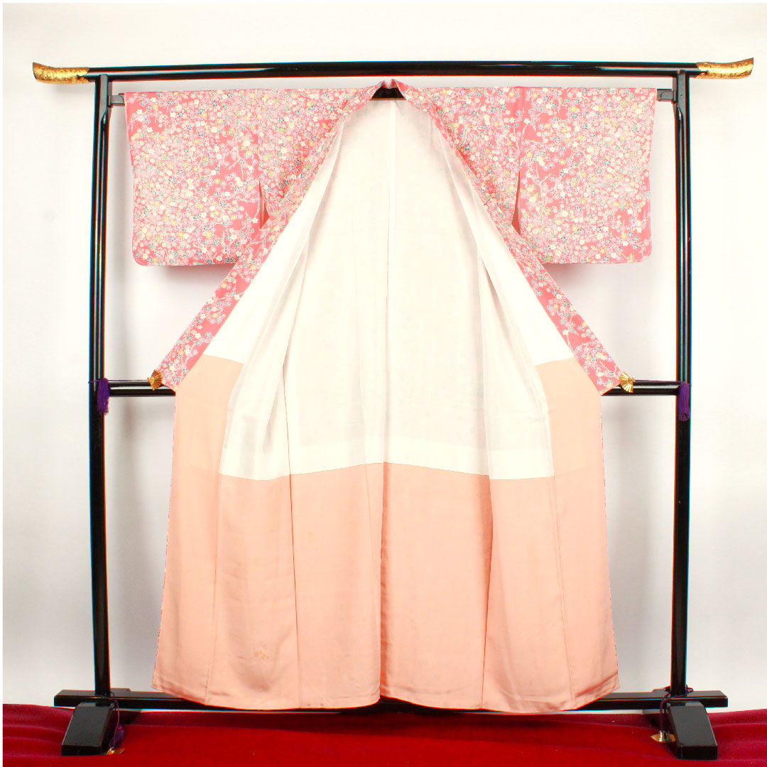小紋 身丈158cm 裄丈65.5cm 袷  中紅色 型染 草花模様  正絹 Aランク ピンク系 1115002373313