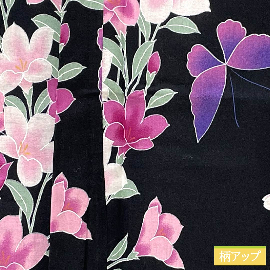 Cotton Yukata, Length 163cm, Sleeve Length 64cm, S Rank, Single Layer, Black, Iron Wire, Butterfly Design, 1118006082410